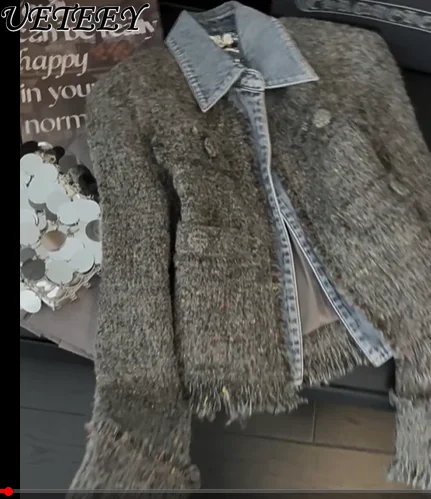 

Fashion Fake Two-piece Denim Spliced Woolen Jacket Women Design Sense Niche Short Coat Ladies 2025 Spring and Winter Clothes