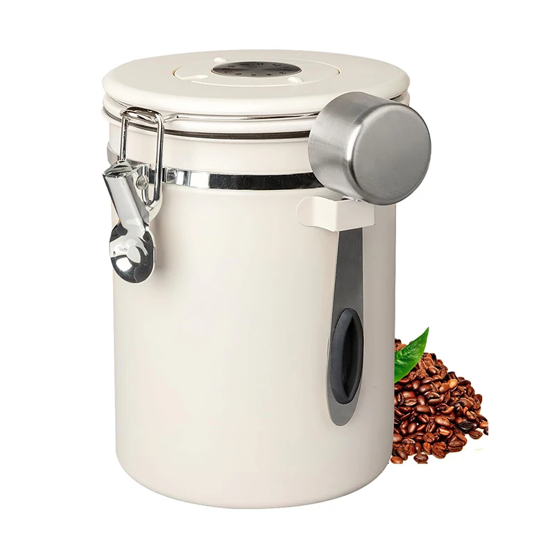 With Spoon One Way Valve Cannister Coffee Storage Kitchen 1.2 1.5 1.8L Coffee Bean Jar Airtight Canister Sealed Stainless Steel