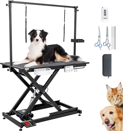調整可能なヘビーデューティー50インチ電動Xリフト油圧式犬用グルーミングテーブル（ツールオーガナイザー付き、ジャッキ式、ペットグルーミングステーション）
