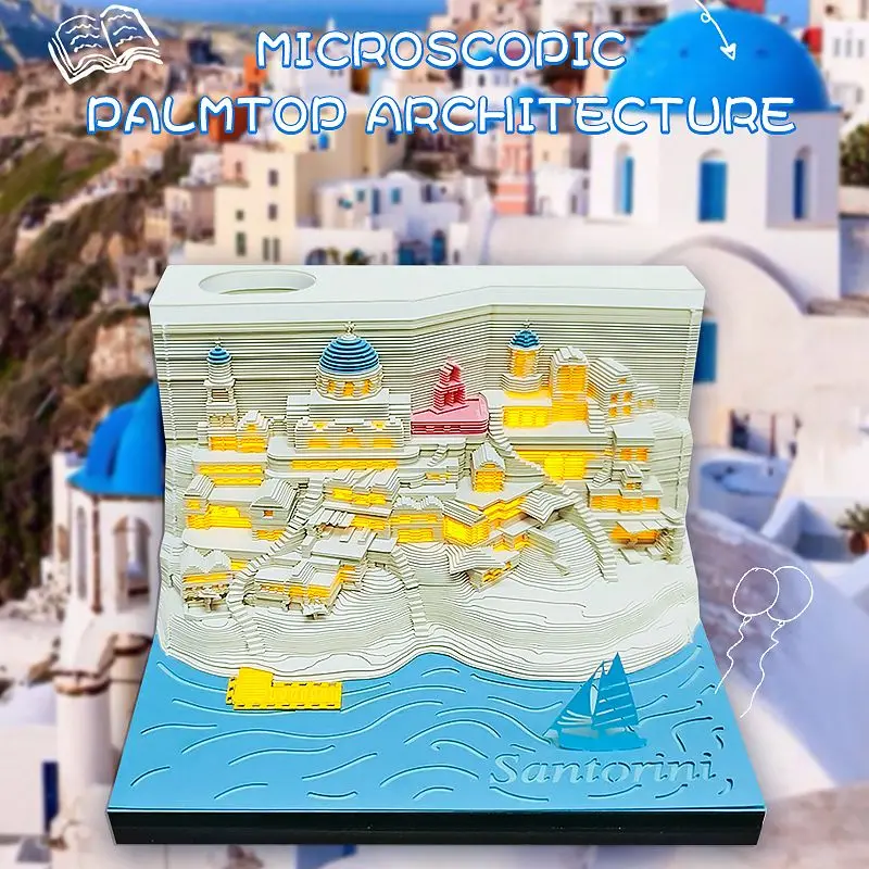 Hot Sale Omoshiroi Block 3D Memo Pad Aegean Sea Santorini Mosque Landscape Building Paper Note Creative Gift Desk Decoration