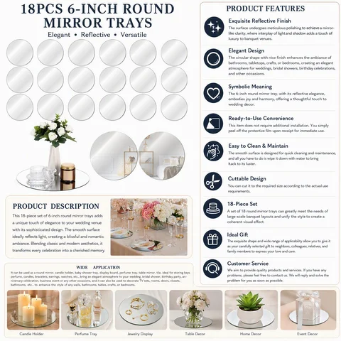 18Pcs Round Mirror Candle Plate Set 6in Acrylic Mirror Trays for Wedding Centerpieces Table Decor Parties, Scratch-Resistant Polished Circle Mirror, Cuttable 18-Piece