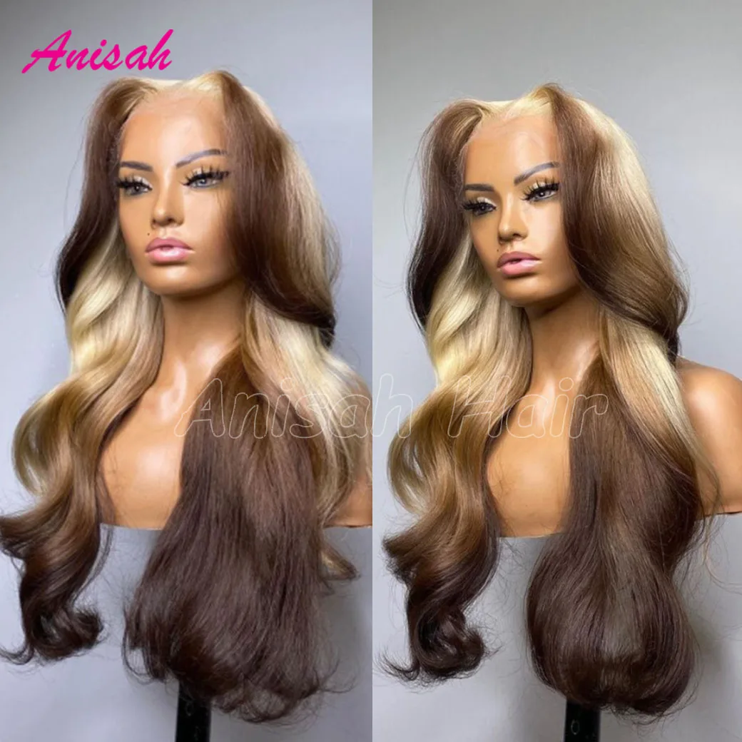 Ombre Blonde 13X4 Transparent Lace Front Human Hair Wigs Brown Highlight Colored Wavy Blonde 5X5 Closure Wig Pre Plucked