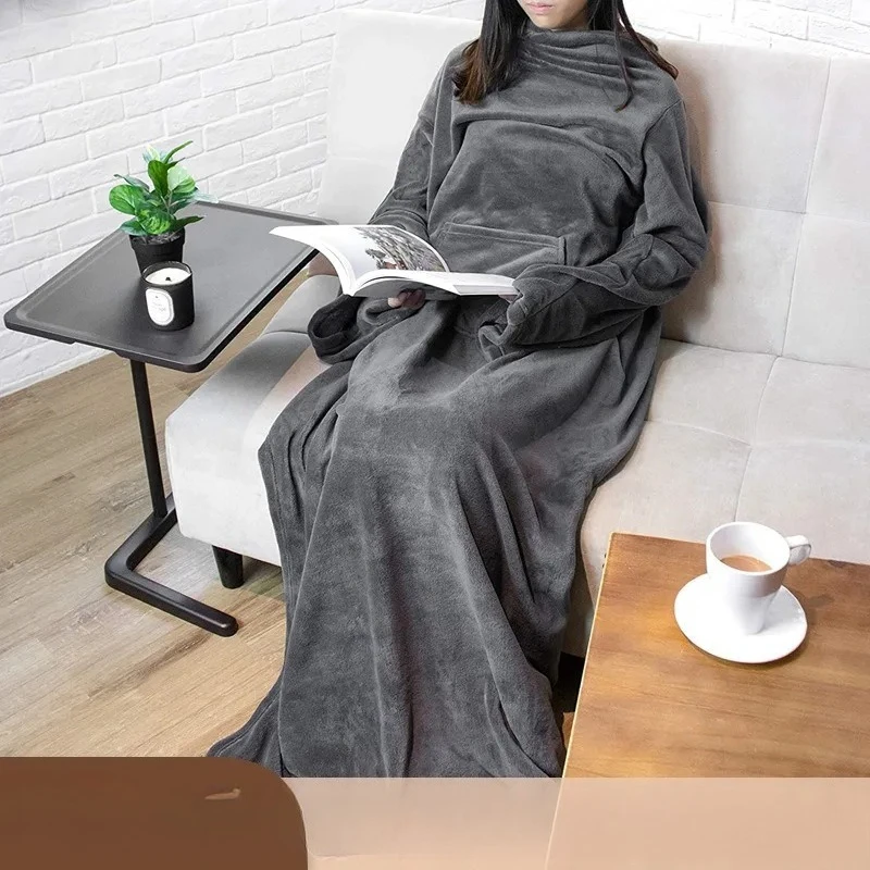 New Adult Unisex Thermal Blanket Large Pocket Multi-functional Wearable Lazy Sleeve Blanket Antistatic  Flannel Blanket Robes