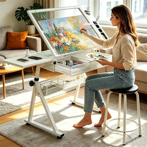 Drafting Table with Storage & Stool, Tempered Glass, 0-75° Lockable Angle, 27.16" to 35.82" Adjustable Height, 40.15" x