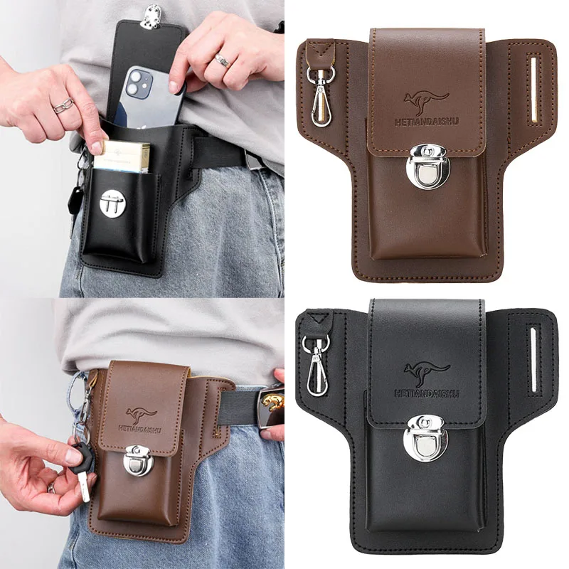 

Leather mobile phone bag set men's fanny pack key vertical summer men's work site wearing a belt around the waist bag.