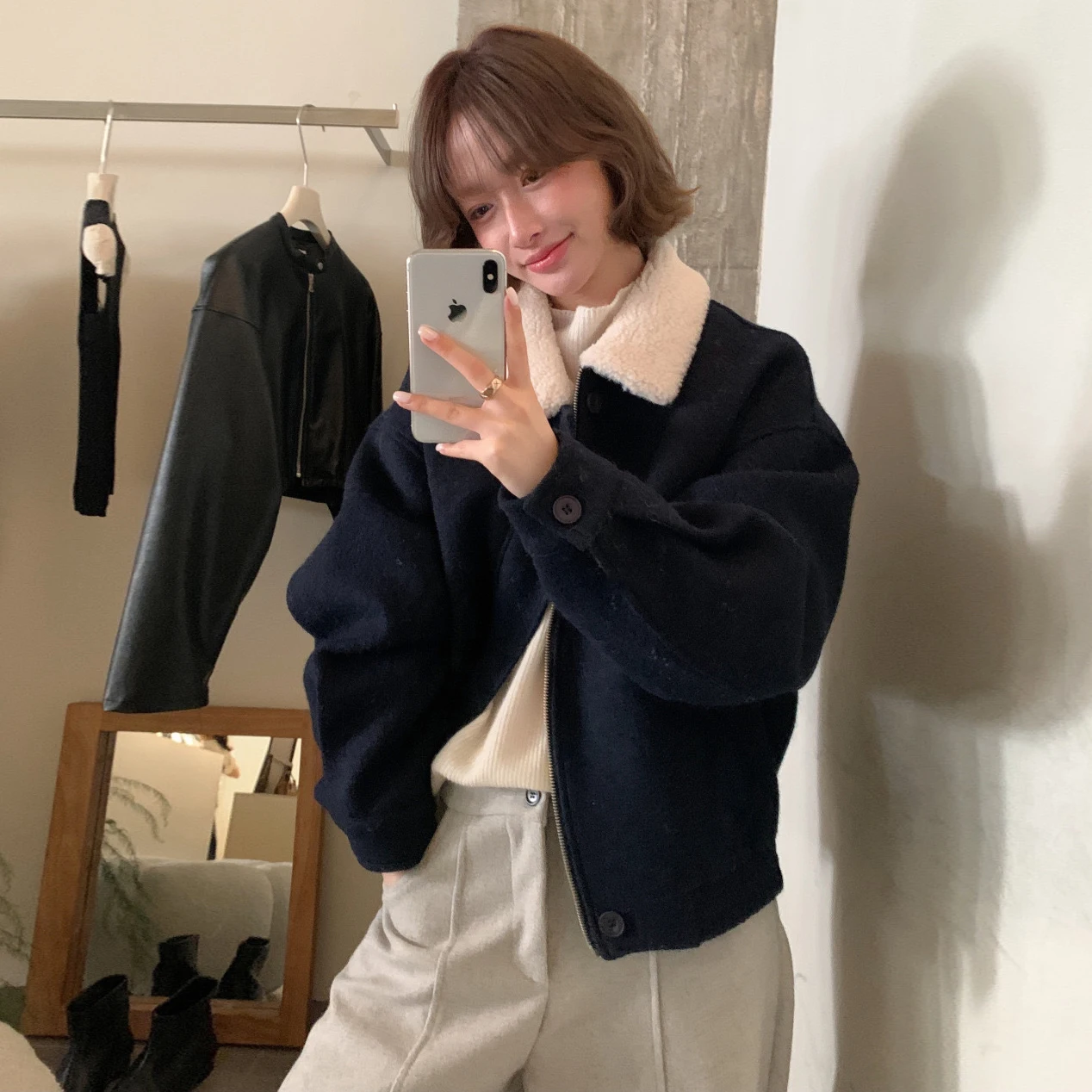 Korean Style Zipper Warm Woolen Coat Color Block Lapel Versatile Thickened Autumn Winter Women's Fashion Outerwear