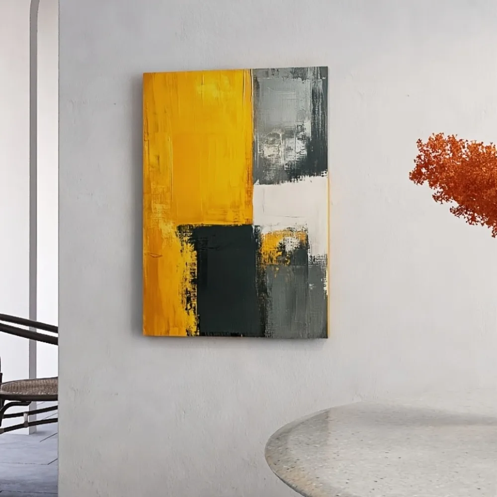 

Modern abstract art canvas with black, yellow and grey geometric patterns - pine frame suitable for interior decoration