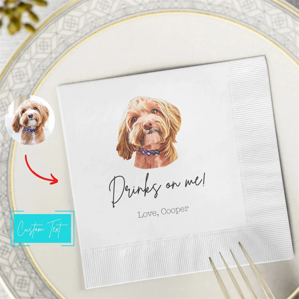 50 PCS Full Color Personalized Pet Wedding Cocktail Napkins, Custom Wedding Napkins, Dog Cocktail Napkins Wedding, Couple Monogr