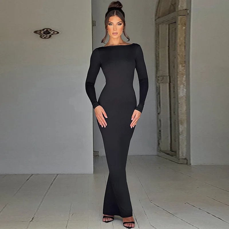 

Pleated Design Fashionable and Sexy Open Back Dress Women's Spring/Summer New Solid Color Long Slim Fit Temperament Dresses