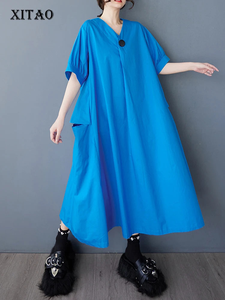 

XITAO Patchwork Button V-neck Dress Leisure Solid Color A-line Slimming Temperament Short Sleeve Summer Female Dress GYX1642