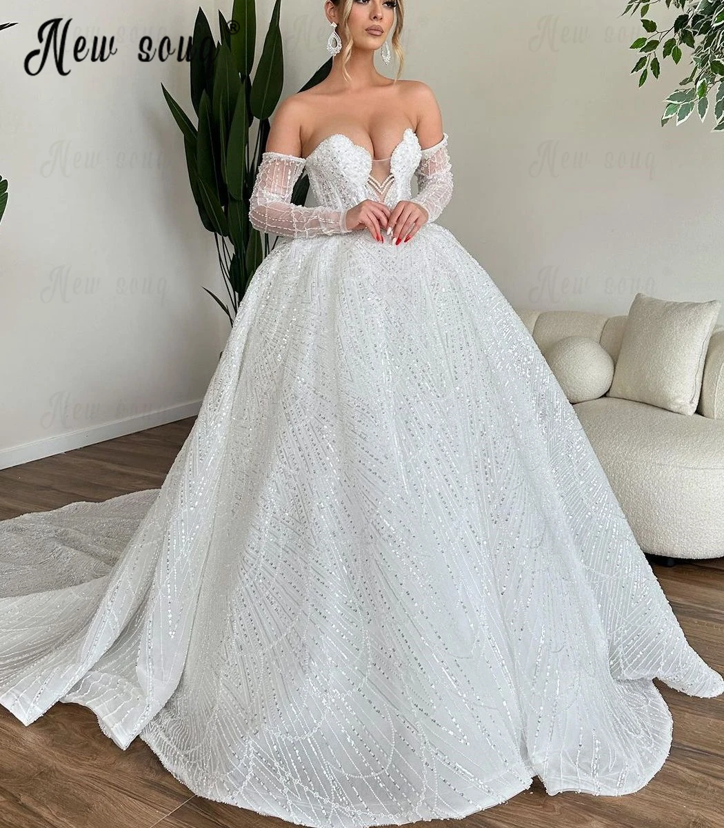 Robe de Mariée Romantique à Perles pour Femme, Tenue Dubaï à Manches sulf, avec Poignées Amovibles, pour Patients, Quelle que soit la Tenue de Bal, 2023