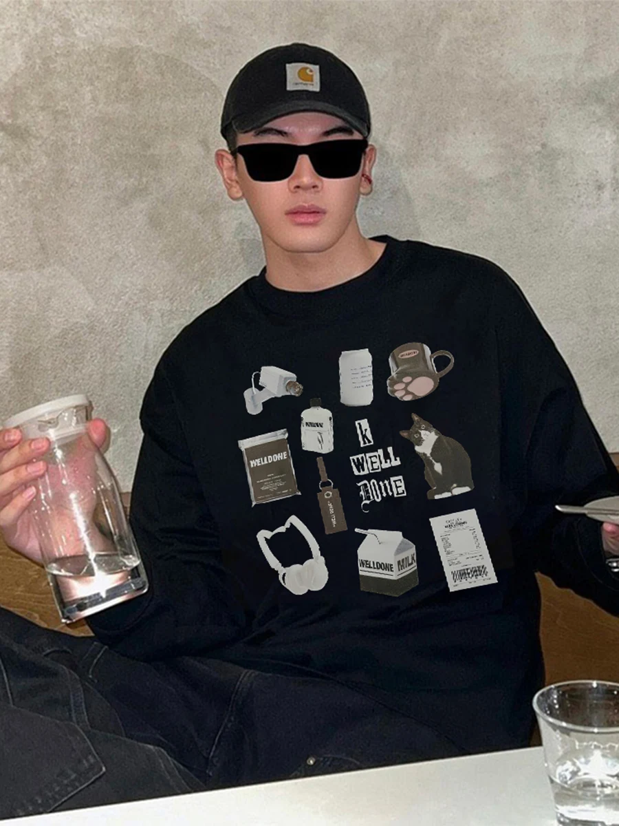 

Американский флисовый свитшот с круглым вырезом и капюшоном, свободного кроя, для пар, черный, молодежный тренд, осень-зима