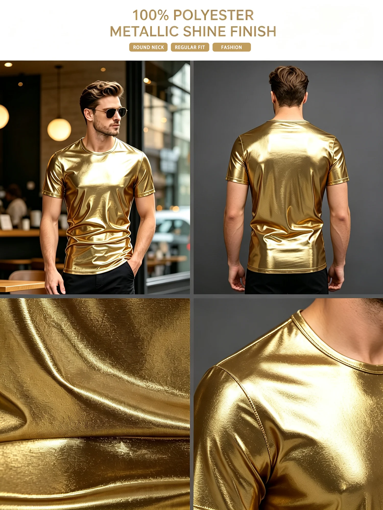 Herren Gold Glänzendes Kurzarm-T-Shirt, Party, Sport, Modisches Freizeit-Oberteil – Detail 3