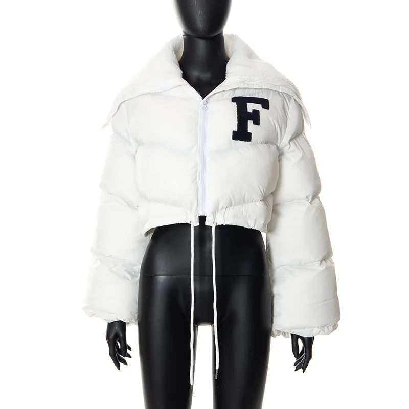 

Turn-down Collar Jacket Women Letter Embroidery Long Sleeve Short Down Coat Drawstring Fashion Streetwear Overcoat New