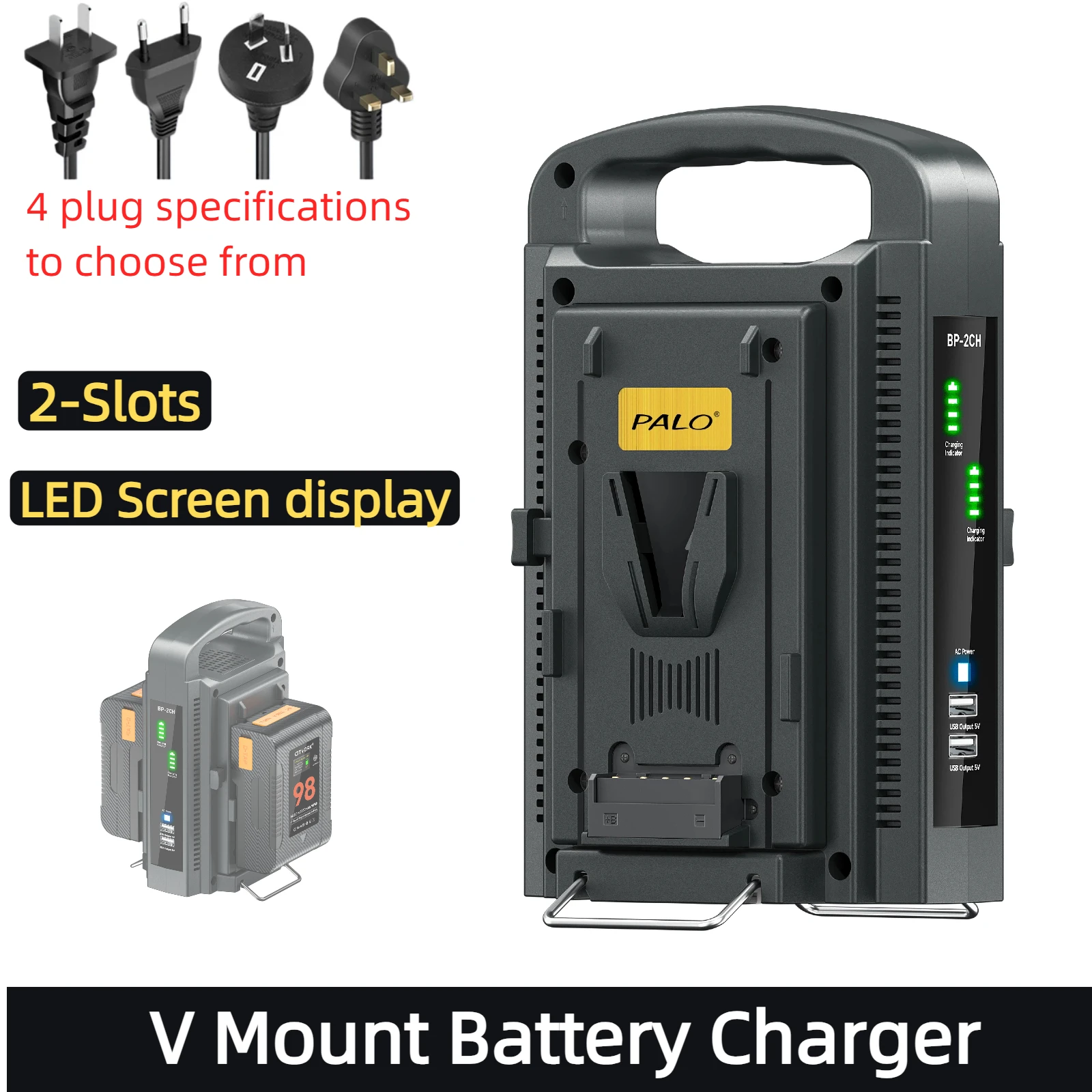 V-Lock Charger With 2-Slots LED Charging Display Smart V Mount Battery Charger Dual USB 5V Output