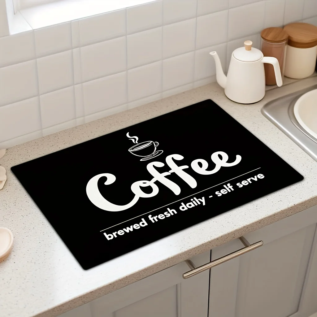 Coffee Bar Print Multi Dish Drying Mat Non Slip Heat Resistant Kitchen Counter Mat Decorative Absorbent Pad for Coffee Station