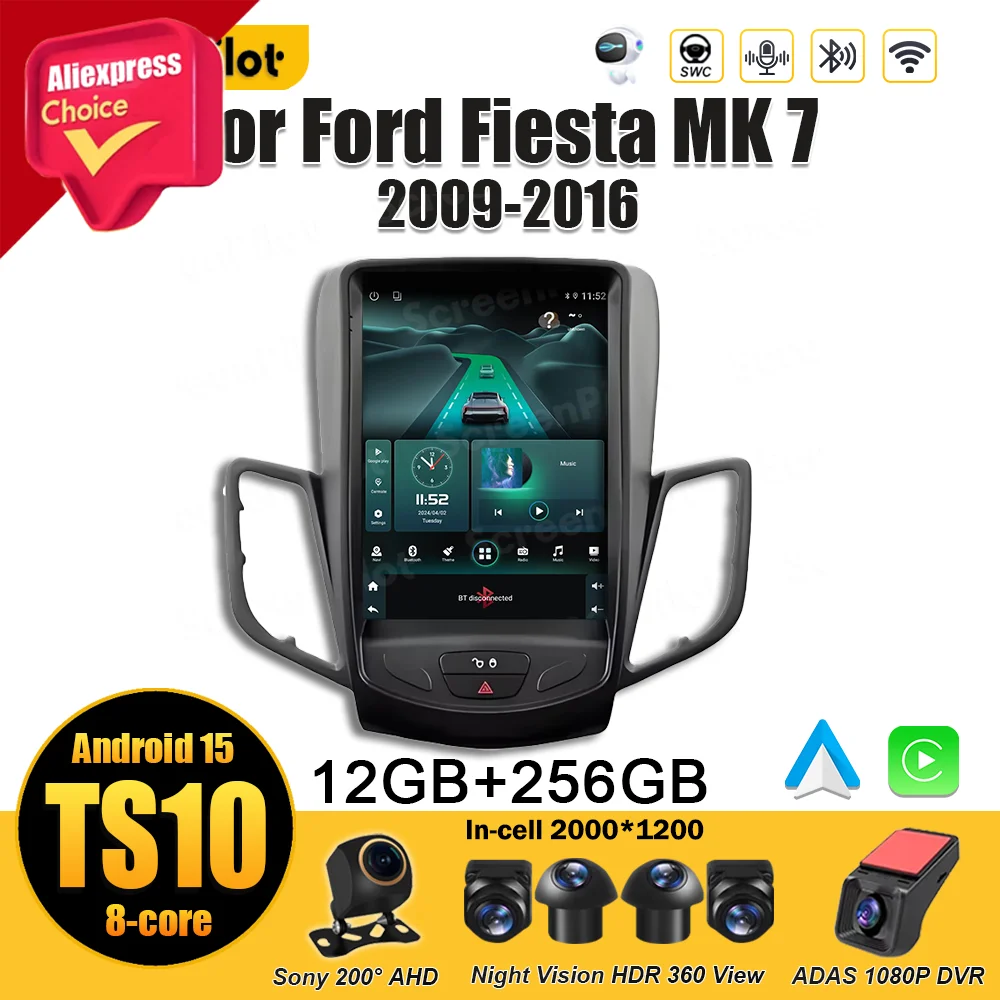 لفورد فييستا MK 7 2009-2014 2015 2016 أندرويد 15 مشغل فيديو الوسائط المتعددة مرآة ربط نظام تحديد المواقع والملاحة شاشة تعمل باللمس تسلا نمط #3