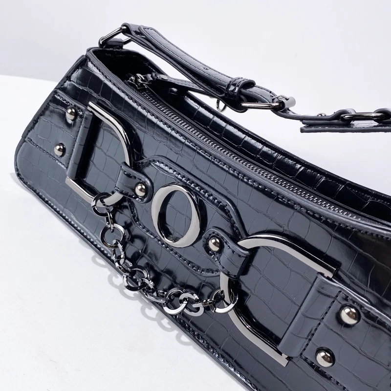 Moto & Biker Bags For Women Luxury Designer Handbag Purse 2024 New In PU Crocodile Pattern Rivet Letter Chain Y2K Small Shoulder