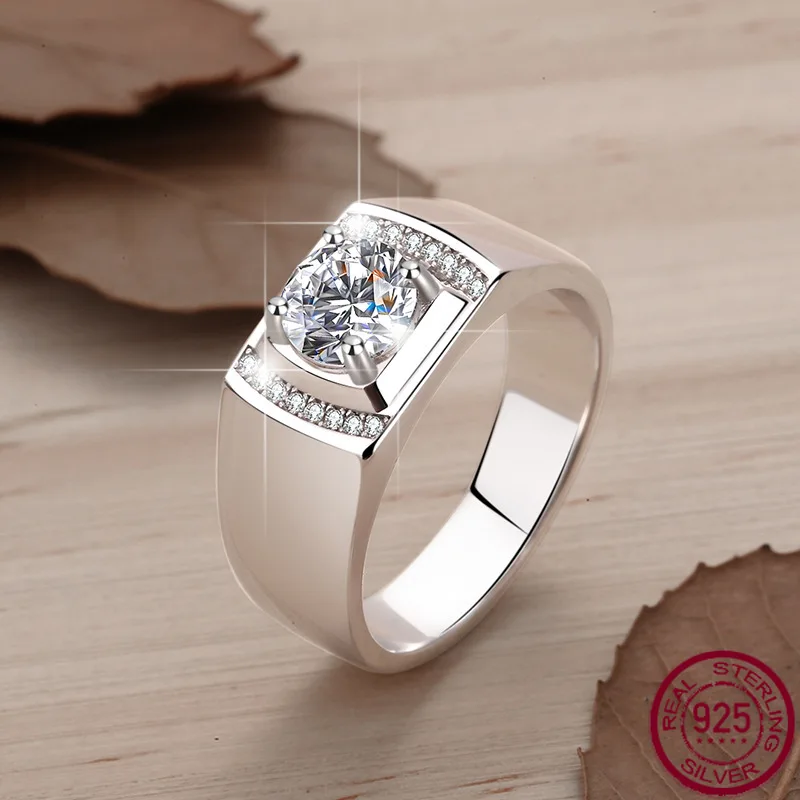 

New moissanite diamond ring 1 carat inlaid super flash simulation diamond s925 pure silver men's ring wedding jewelry
