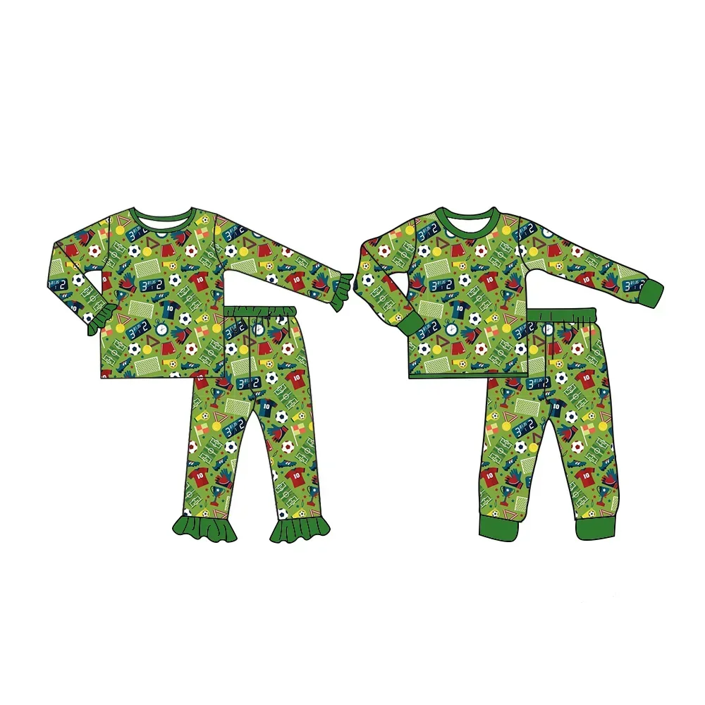 

Wholesale custom baby pajamas set newborn jumpsuit ball printing green suit milk silk material Sibling Set