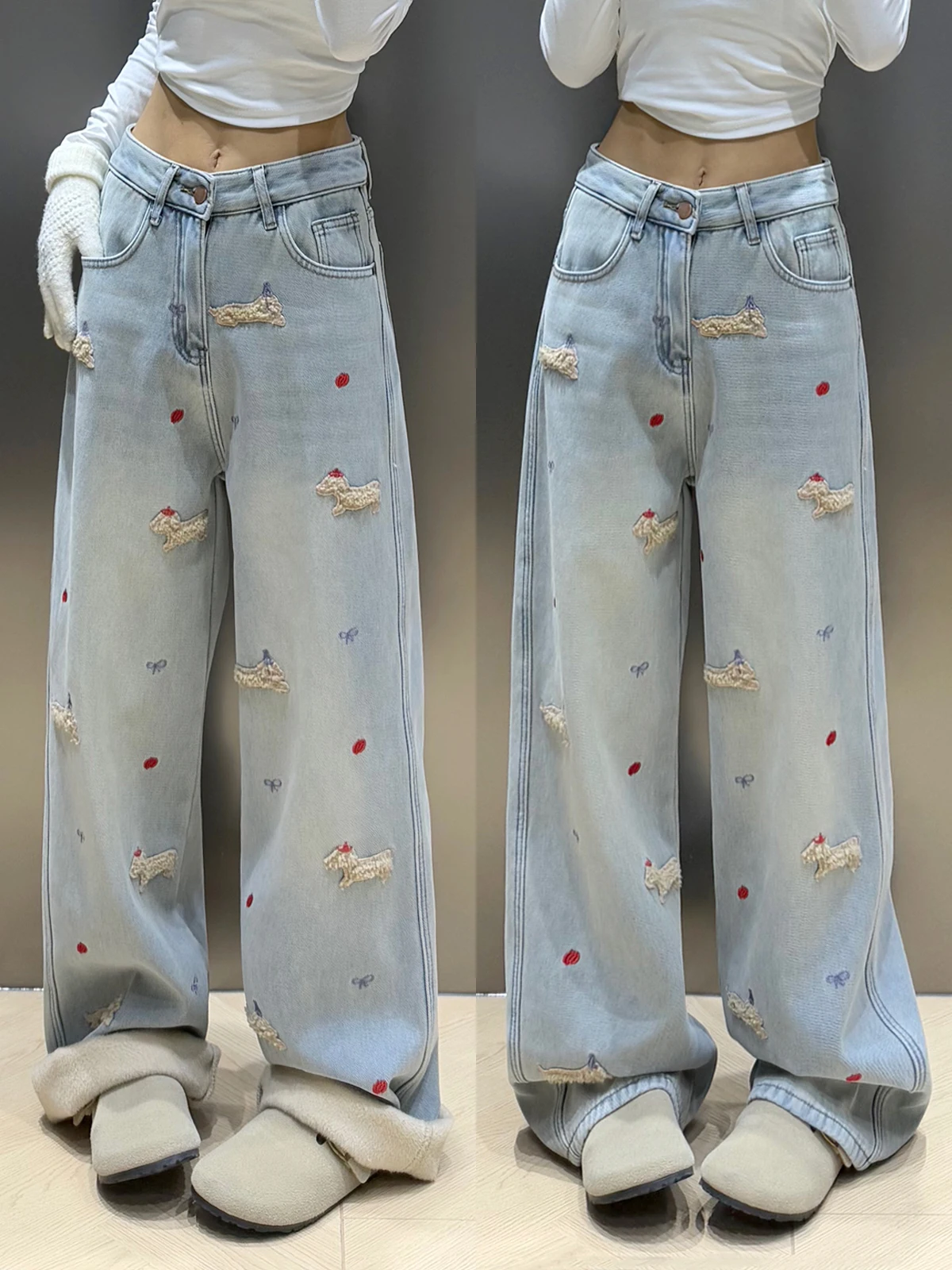 

Широкие джинсы с вышивкой собаки Cisas, женские зимние брюки больших размеров на подкладке, утягивающие брюки длиной до пола