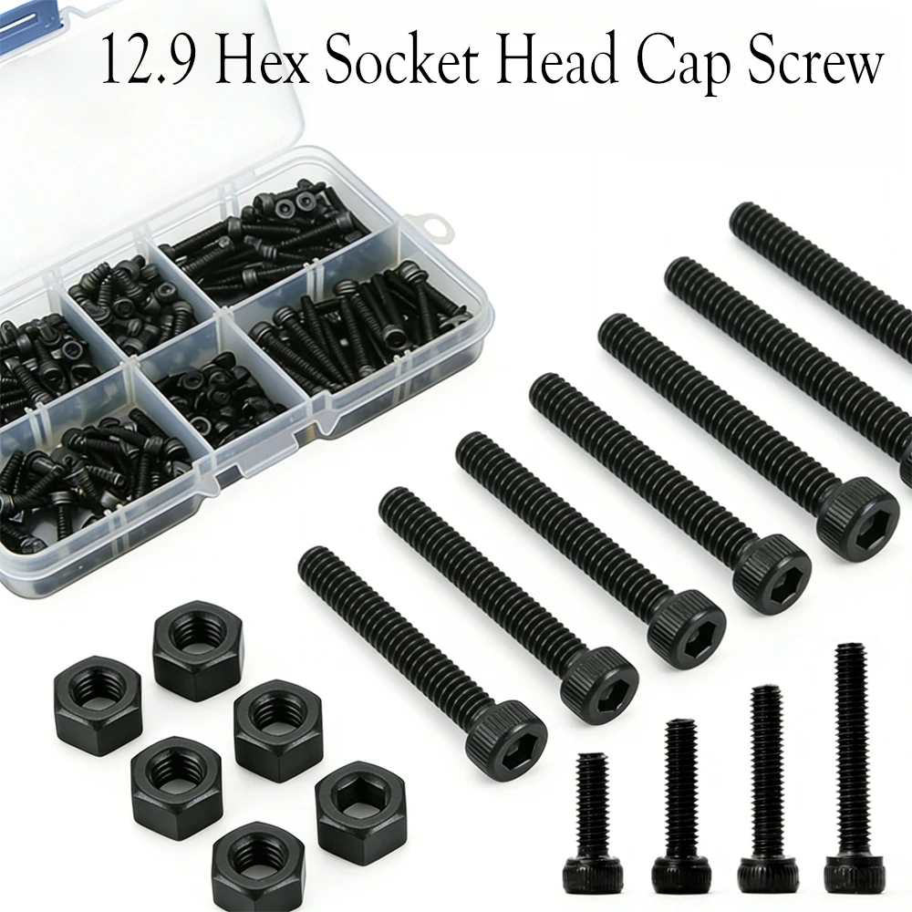 

180-300pcs M2 M3 12.9 Grade Black Hex Socket Screws Assorted Carbon Steel Metric Bolts High Strength Fastener Kit for DIY Projec