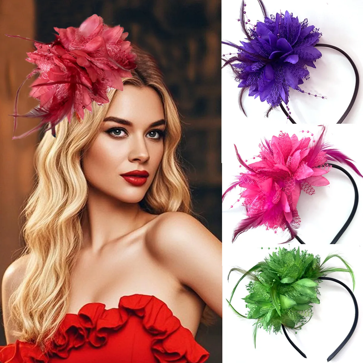 Vrouwen Tovenaar Hoed Hoofdband Bloem Veer Mesh Garen Cocktail Party Bruiloft Haaraccessoires Hoofddecoratie