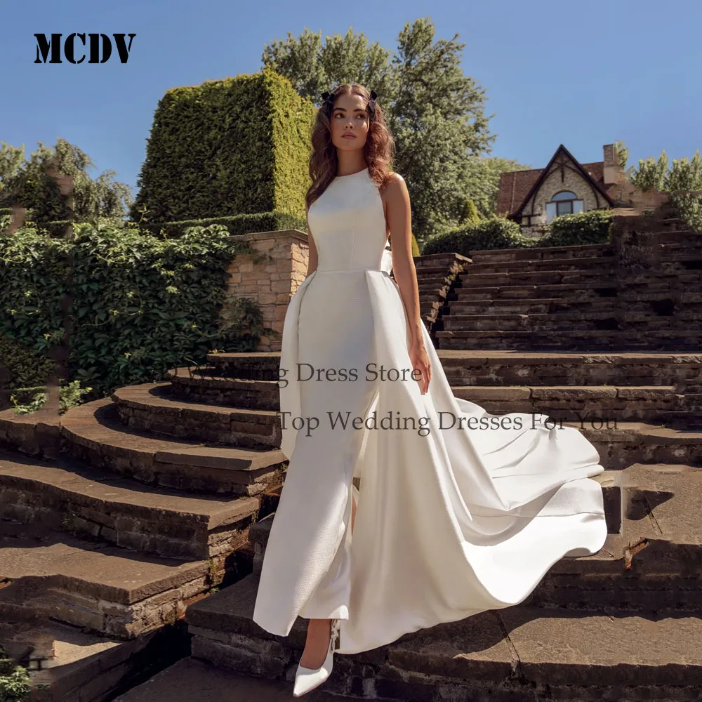 

MCDV White Satin 2 Pieces Mermaid Wedding Dress O-Neck Flowers 2025 Vestidos Sleeveless Elegant Bridal Gowns Backless Customized