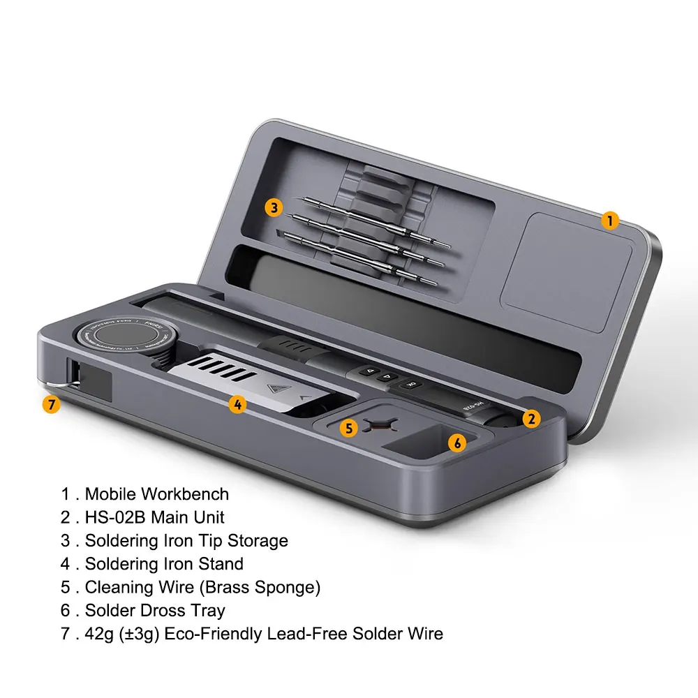 FNIRSI HS-02B Portable Soldering Iron + 3 Soldering Iron Head Set, Electronic Maintenance Tool Kit With Toolbox Mobile Workbench