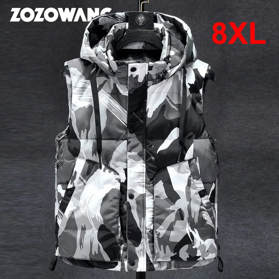 ZOZOWANG Camouflage Vest Men Winter Thick Vests Plus Size 8XL Sleeveless Jacket Male Casual Hooded Camo Vests Big Size 8XL