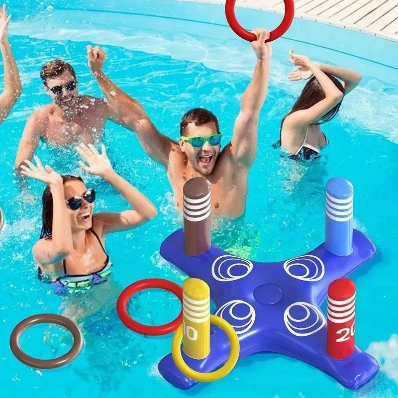 

1 set of inflatable lifting ring throwing game with pump-colorful water toys for swimming pool,parties,and outdoor entertainment