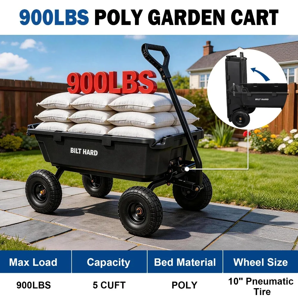 900 lbs Poly Garden Dump Cart, 5 Cu.Ft Wheelbarrow Cart with 10