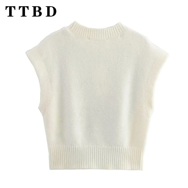 TTBD 2024 New Autumn Woman's Casual Solid Color Knit Jumper Sweater Female Fashion Sleeveless Screw Thread O-Collar Vest