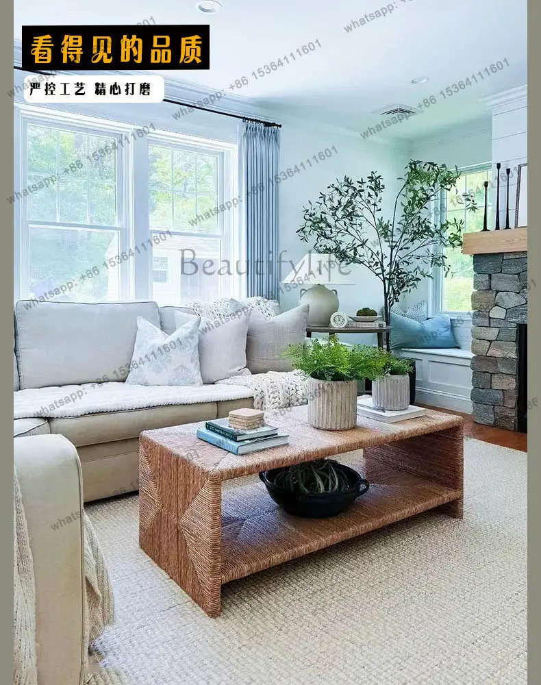 Solid wood living room home American coffee table high-end rattan coffee table