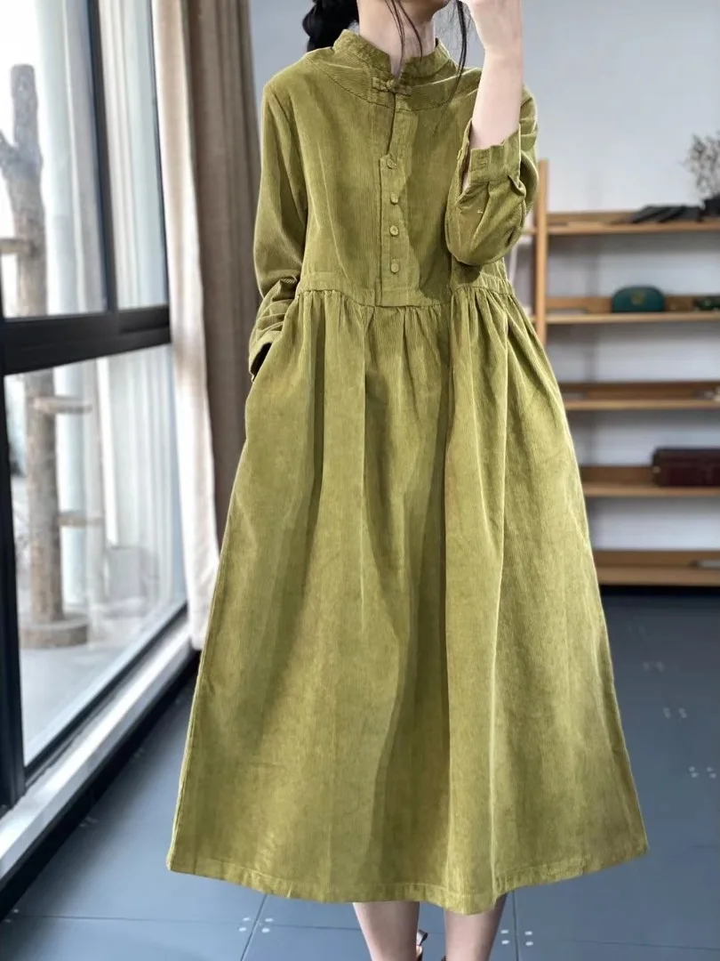 Retro Style Button up Stand Collar Casual Corduroy Dress Women's Autumn Fashion Artistic Single Piece City Walk A-Line Dress