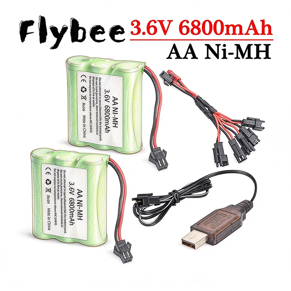 ( SM-2P PLUG ) Ni-MH 3.6V 6800mah Battery + 3.6V Charger For Rc toy Car Tank Train Robot Boat, AA 3.6v Rechargeable Battery Pack