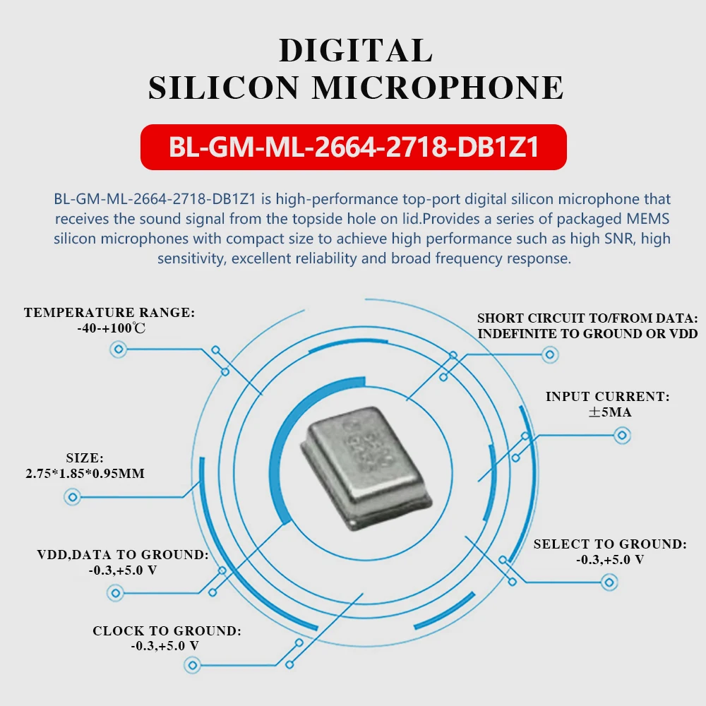 50PCS Omnidirectional Mems Microphone Element Digital Silicon Microphone Microphone 2.75*1.85*0.95mm Element Bottom Port