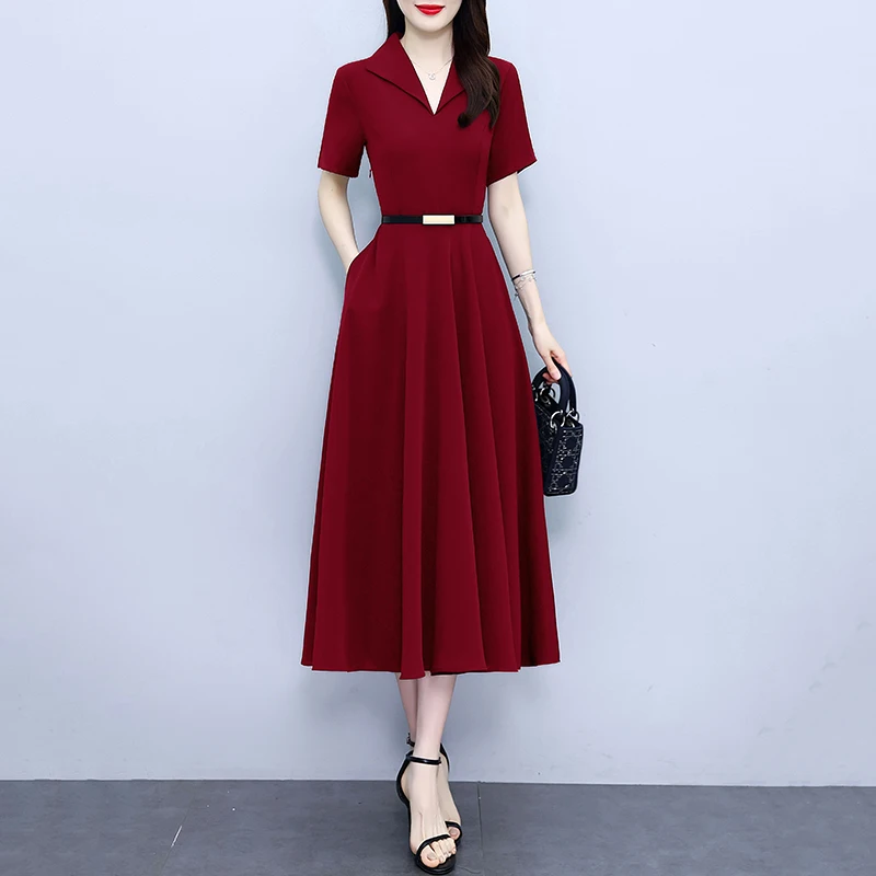 Women Polyester Long Dresses Summer Female Lapel Collar Short Sleeve Large Size 4XL Elegant Burgundy Navy Blue Pleated Vestidos