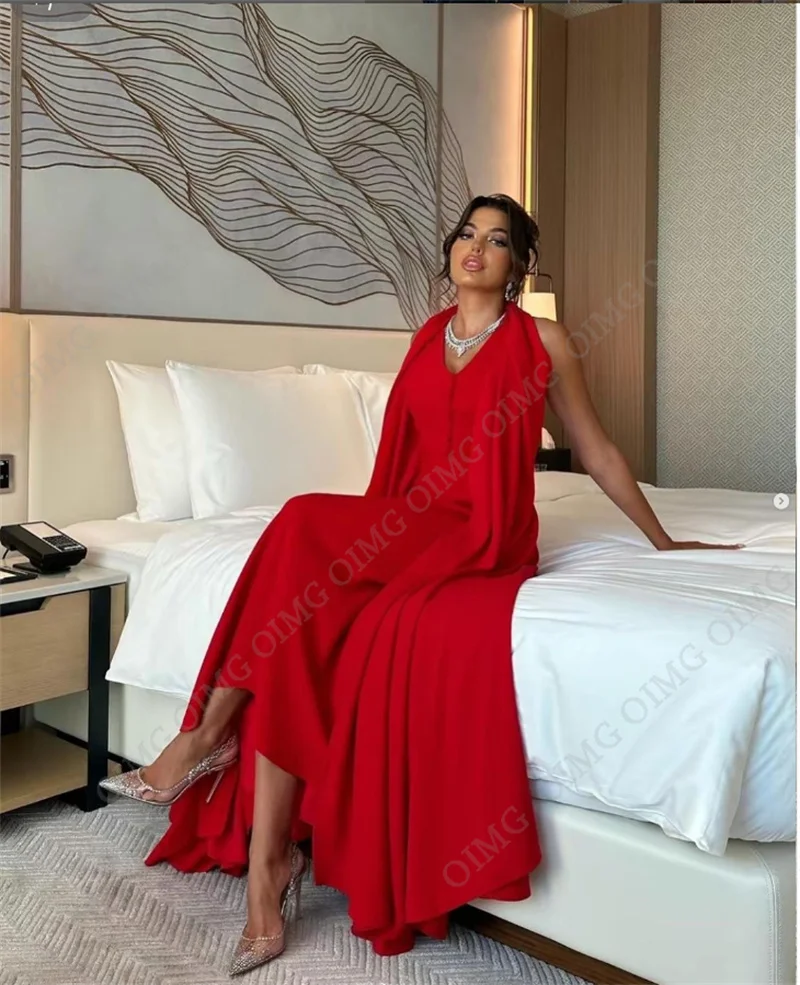 OIMG Red V Neck Button Custom Satin Dubai Evening Party Dresses V Neck Sleeveless Arabic Club Prom Gowns Formal Night Dress