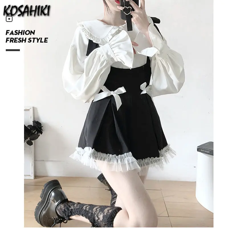 KOSAHIKI Japanese Style Gothic Lolita Sets Girly Sweet Kawaii Bow Tulle Patchwork Shorts Pants White Blouse Women Cute Outfits