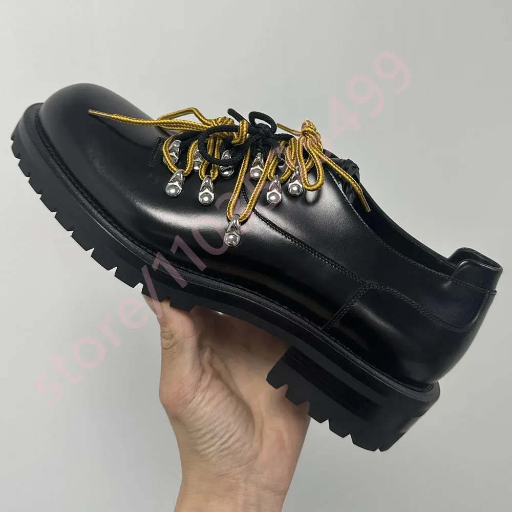 

Black Thick Sole British Style Loafers 2025 Summer New Street Fashion 39-45 Lace-Up Casual Shoes Round-Toe Yellow Straps Shoes