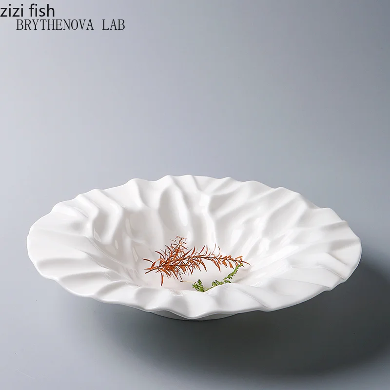 Wrinkle Texture Ceramic Plate White Salad Plate Thick Soup Pasta Dessert Dish Serving Plates Molecular Cuisine Tableware