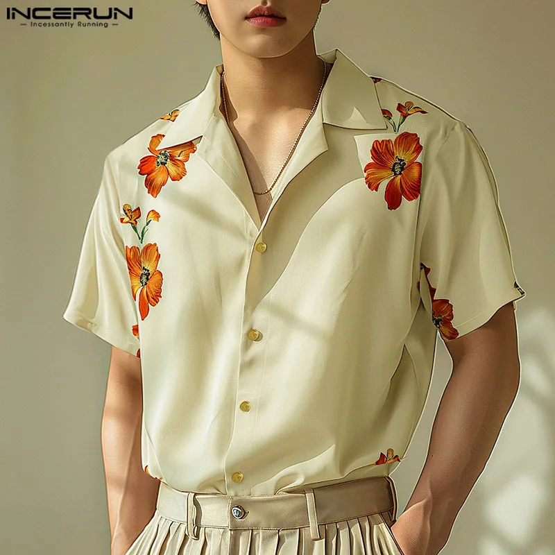 

INCERUN Men's Shirt Flower Printing Lapel Short Sleeve Streetwear Men Clothing Summer 2024 Vacation Fashion Casual Male Shirts