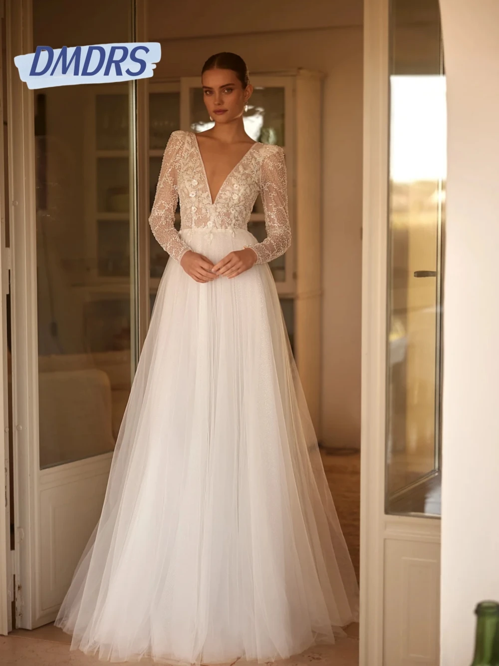 Vestido elegante dos botões traseiros para a noiva, vestidos de casamento, apliques modernos, vestido nupcial das pérolas, 2022