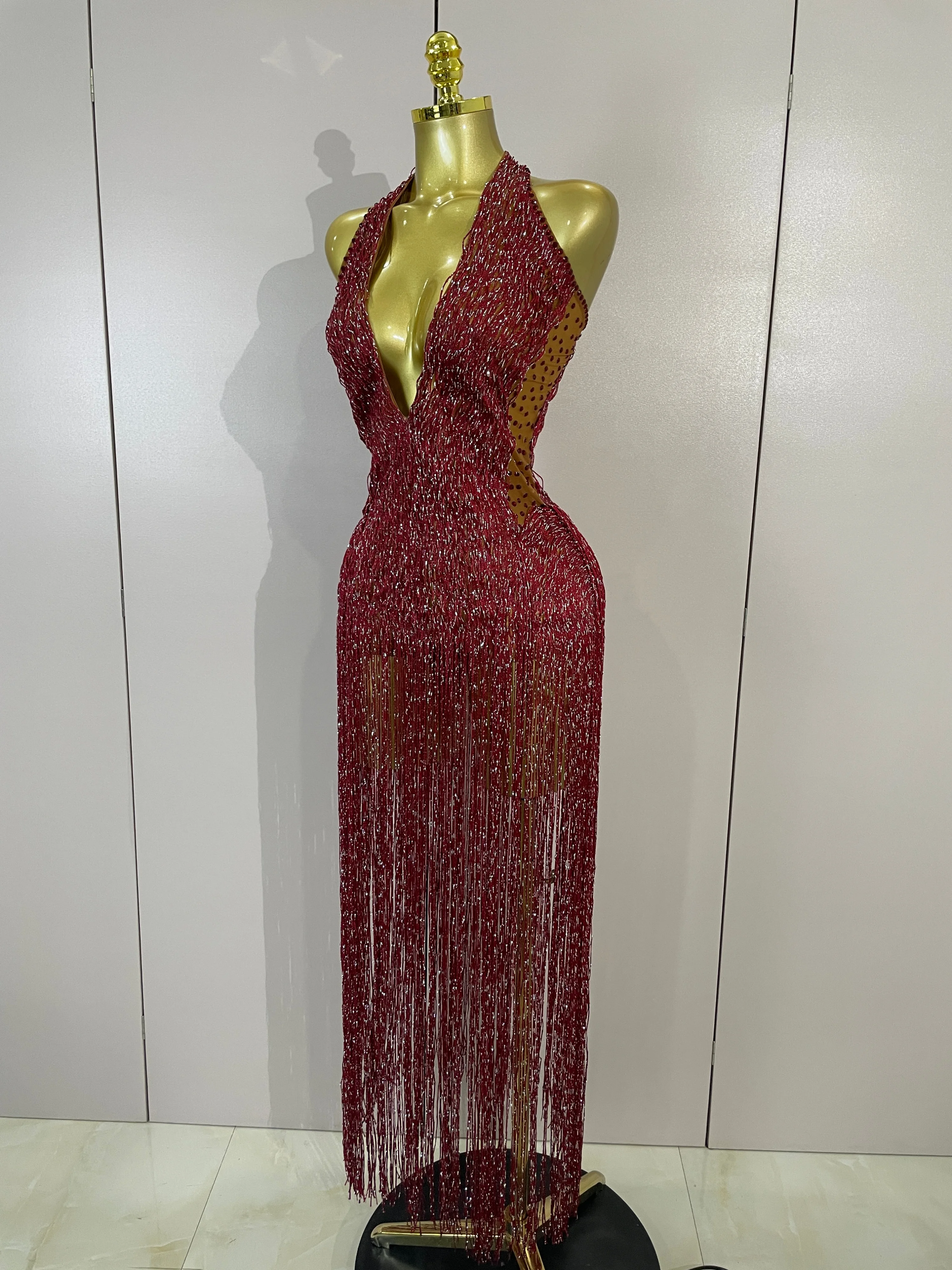 Luxury Sparkly Rhinestones Tassel Mesh Stretch Bodysuit Women Birthday Party Nightclub Singer Dancer Performance Stage Costume