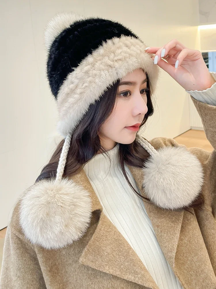 

Real Mink Fur Hat with Fox Fur Ball Earmuffs Protective Cap Winter Hat for Women Russian Autumn Hat Fox Fur Beanies Fall Bonnet