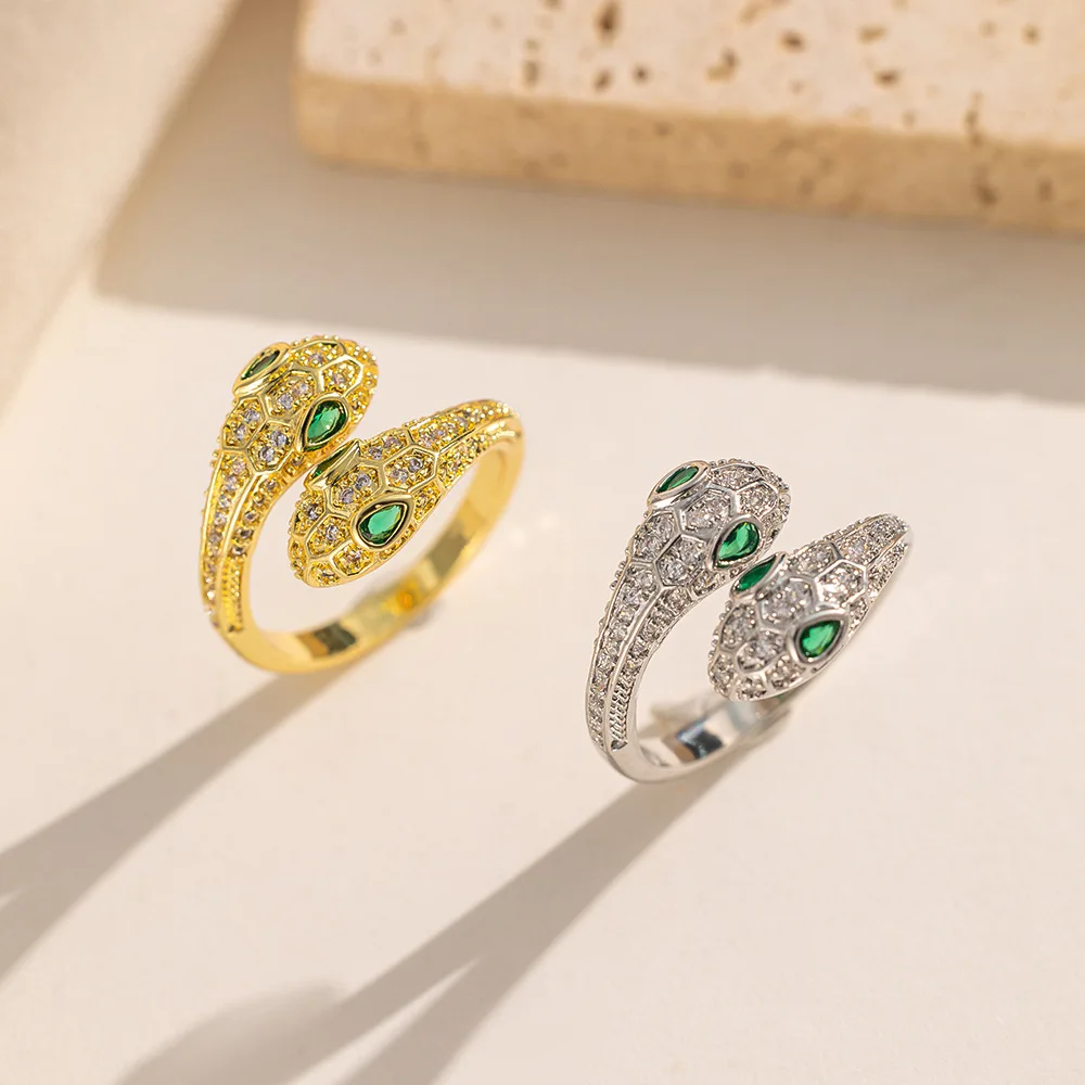 316L Stainless Steel Adjustable Double Snake Head Ring Paved Full Zircon Green Eyes Glisten Rings for Woman Lady Gifts Jewelry