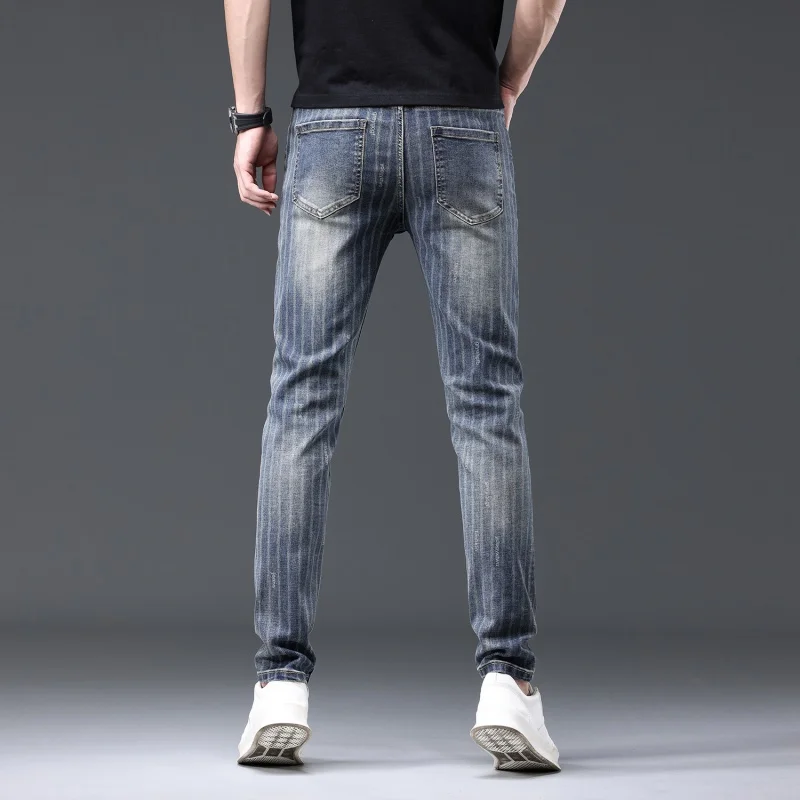 Vintage Blue Line Printed Jeans Men's Slim Straight Stretch All-Matching Street Fashion Casual Skinny Pants