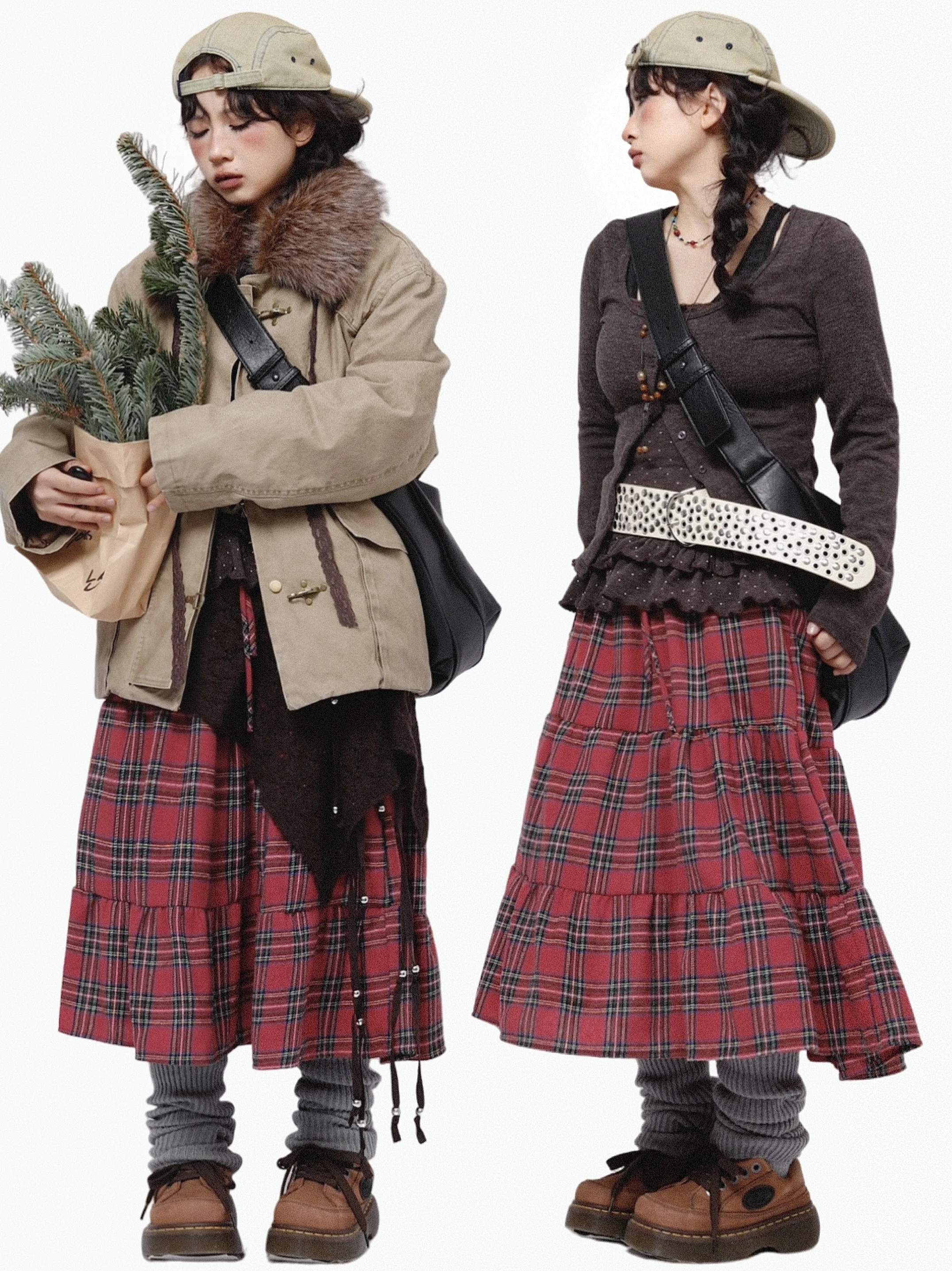 

Roabilly Red Plaid High Waist A-Line Skirt Women's Vintage Sle Casual Loose Fit Winter Faion Ladies Skirts