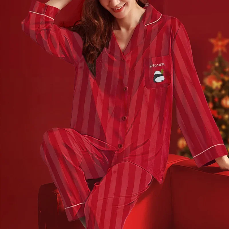 Women's Pajamas Sets Spring Autumn 2 Piece Striped Panda Pyjama Faux Silk Satin Sleepwear Long Sleeve Pijama Mujer Pjs Homewear